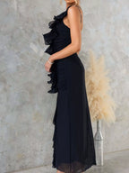 Chic One-Shoulder Ruffle Slit Evening Dress