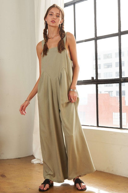 ADORA Square Neck Wide Leg Overalls with Functional Pockets