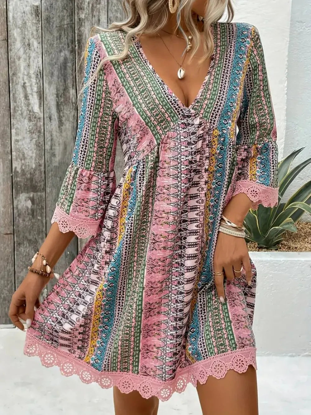 Printed V-Neck Dress with Lace Trim and 3/4 Sleeves