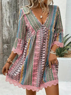 Printed V-Neck Dress with Lace Trim and 3/4 Sleeves