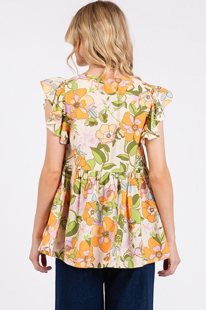 Mittoshop Floral V-Neck Ruffled Cap Sleeve Peplum Blouse