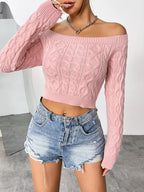 Off-Shoulder Cable-Knit Long Sleeve Sweater Top Blush Pink