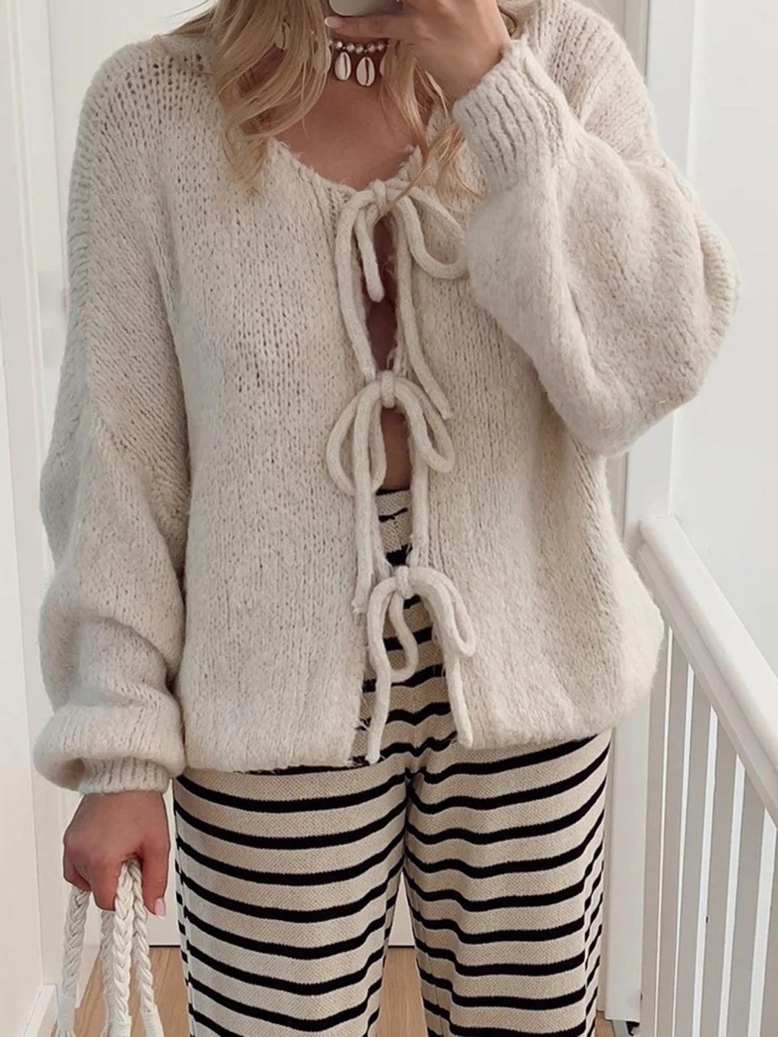 Tied Long Sleeve Dropped Shoulder Cardigan Beige