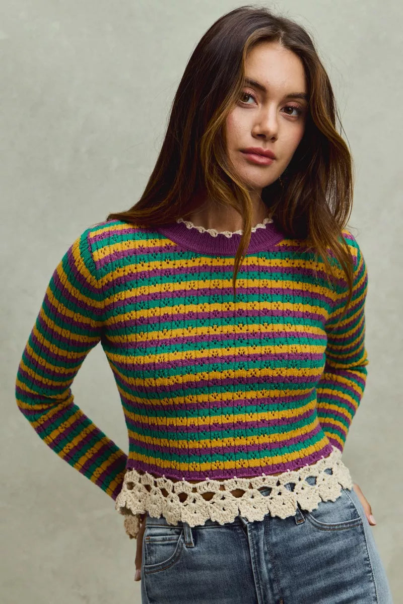 SO ME Mardi Gras Striped Crochet-Trim Cropped Knit Top