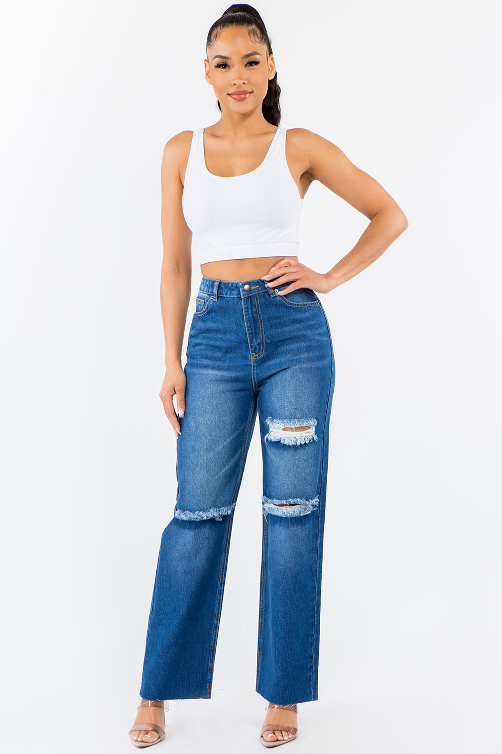 American Bazi High-Rise Distressed Wide-Leg Denim