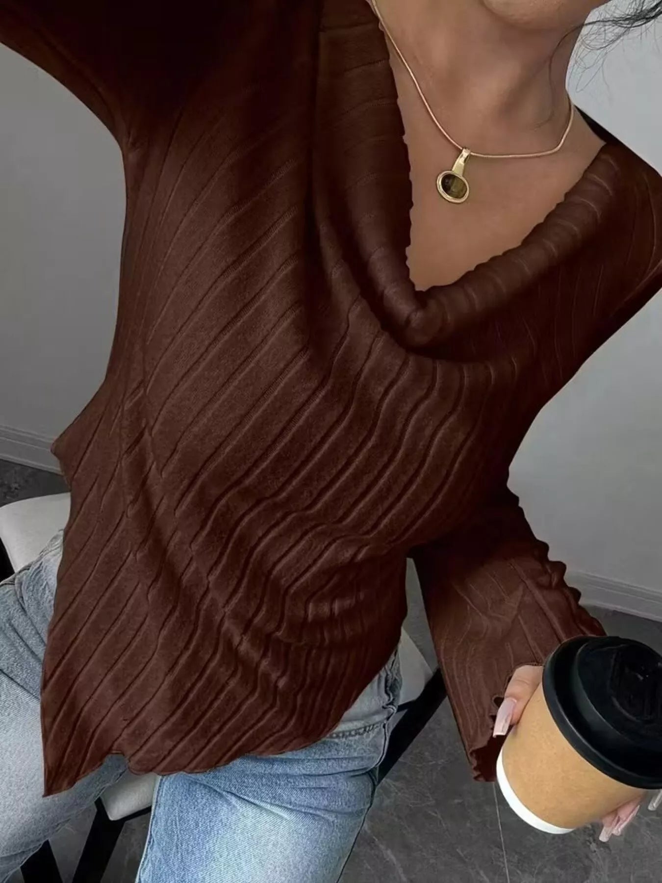 Asymmetrical Cowl-Neck Ribbed Knit Top