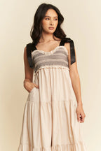 Davi & Dani Multi-Contrast Maxi Dress with Smocked Bodice