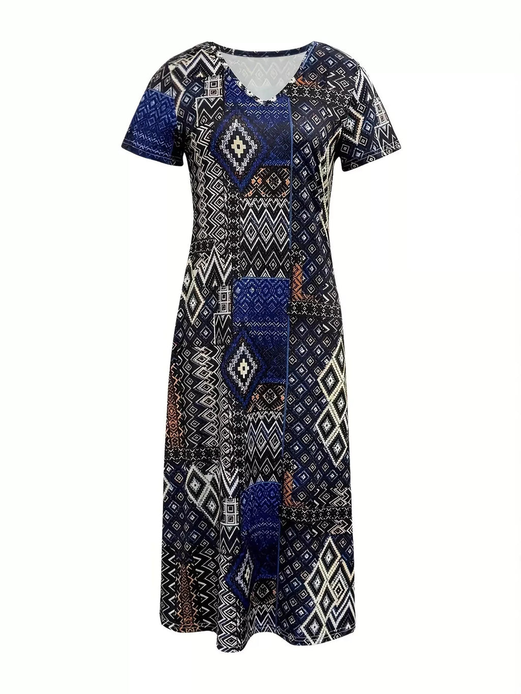 Plus Size Geometric Print V-Neck Maxi Dress with Short Sleeves