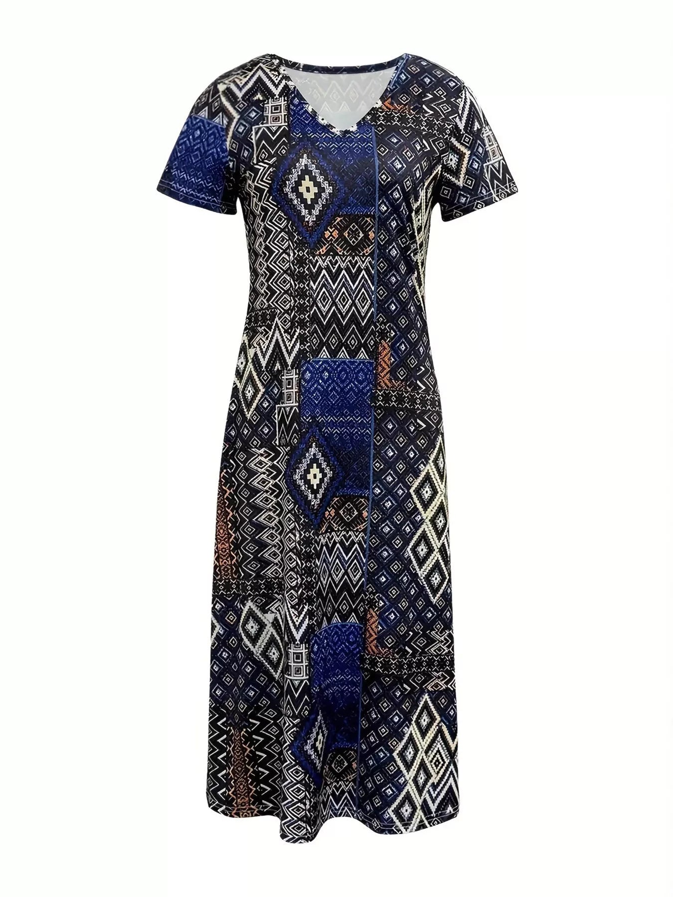Plus Size Geometric Print V-Neck Maxi Dress with Short Sleeves