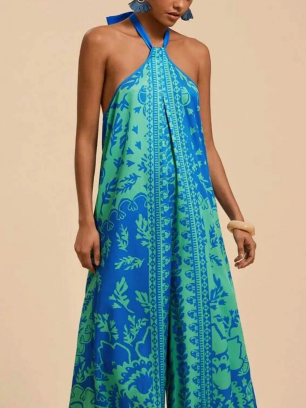 Boho Printed Halter Neck Wide-Leg Jumpsuit