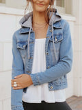 Plus Size Hooded Drawstring Denim Jacket with Button-Up Front Light Blue