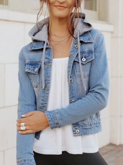 Plus Size Hooded Drawstring Denim Jacket with Button-Up Front Light Blue