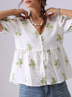 Embroidered V-Neck Puff Sleeve Peplum Blouse