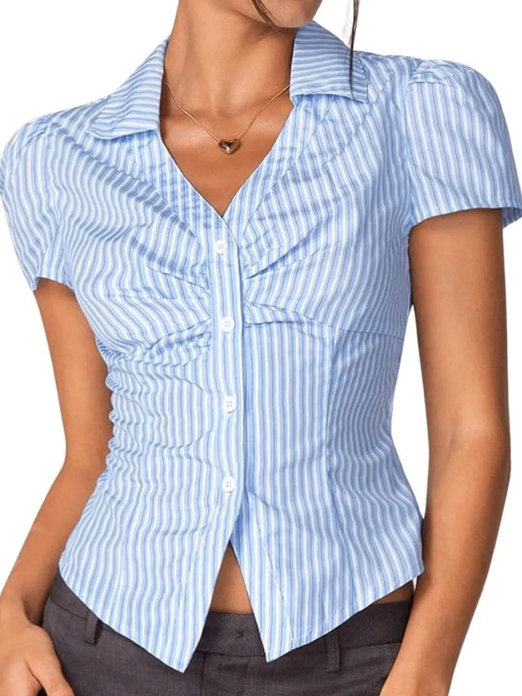 Striped Short Sleeve Button-Up Shirt with Collared Neck