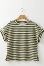 Stripe Textured Crew Neck T-Shirt with Side Slits - Relaxed Fit