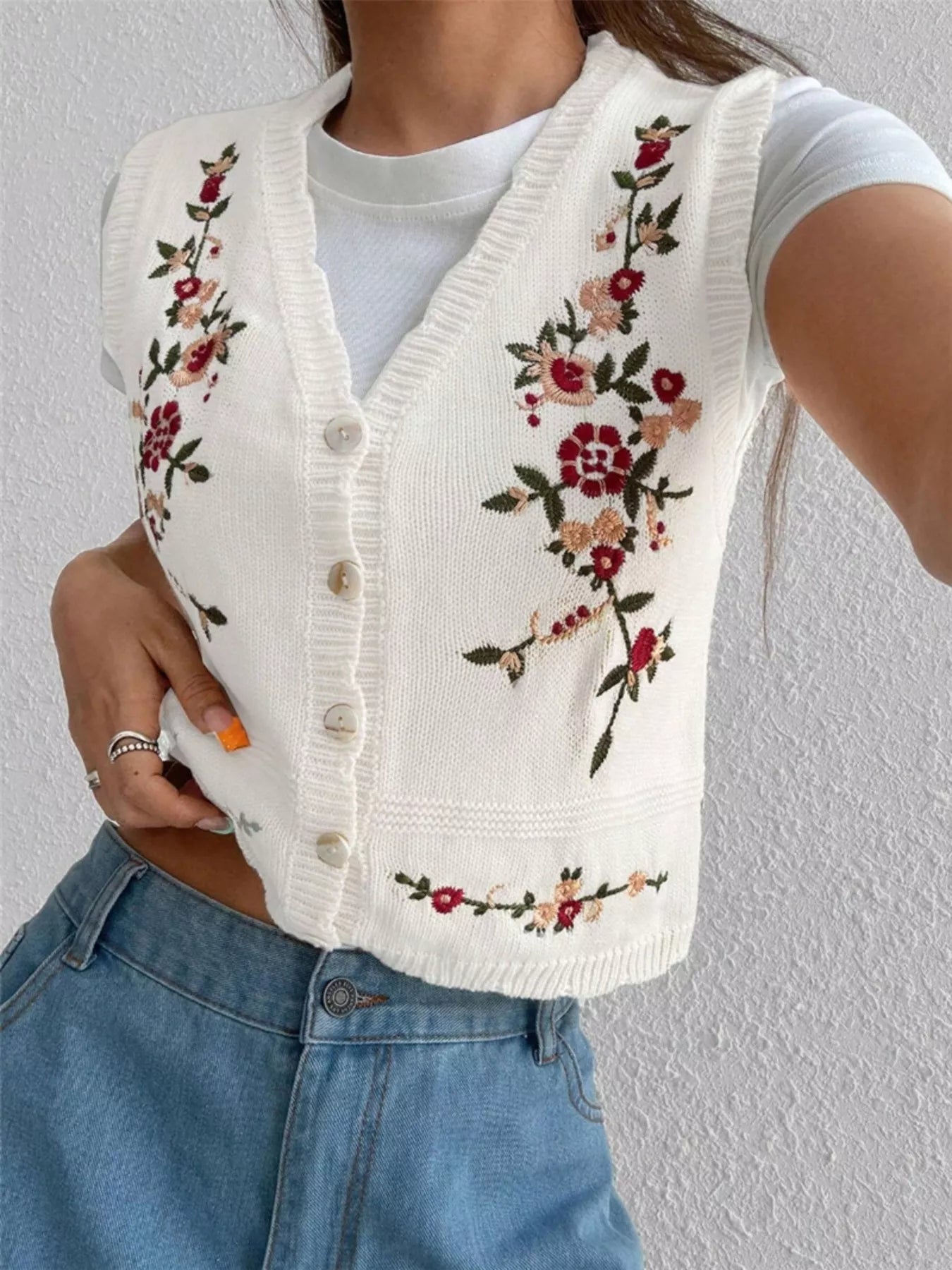 Chic Embroidered Button-Up Sweater Vest – Layer for Every Season White