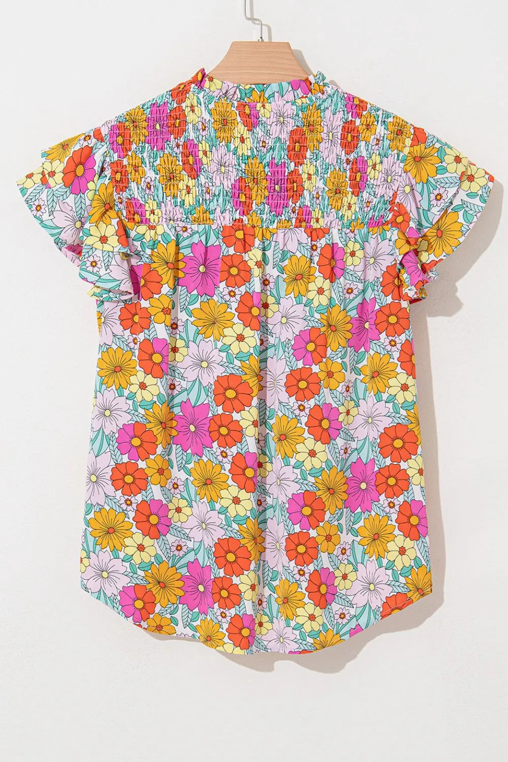 Floral Print Shirred Tiered Ruffled Sleeve Blouse