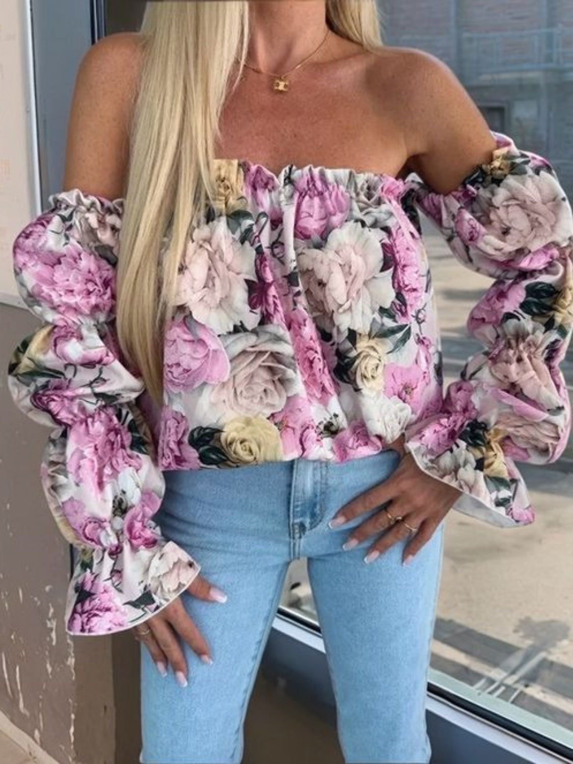 Printed Off-Shoulder Flounce Sleeve Blouse – Chic & Trendy