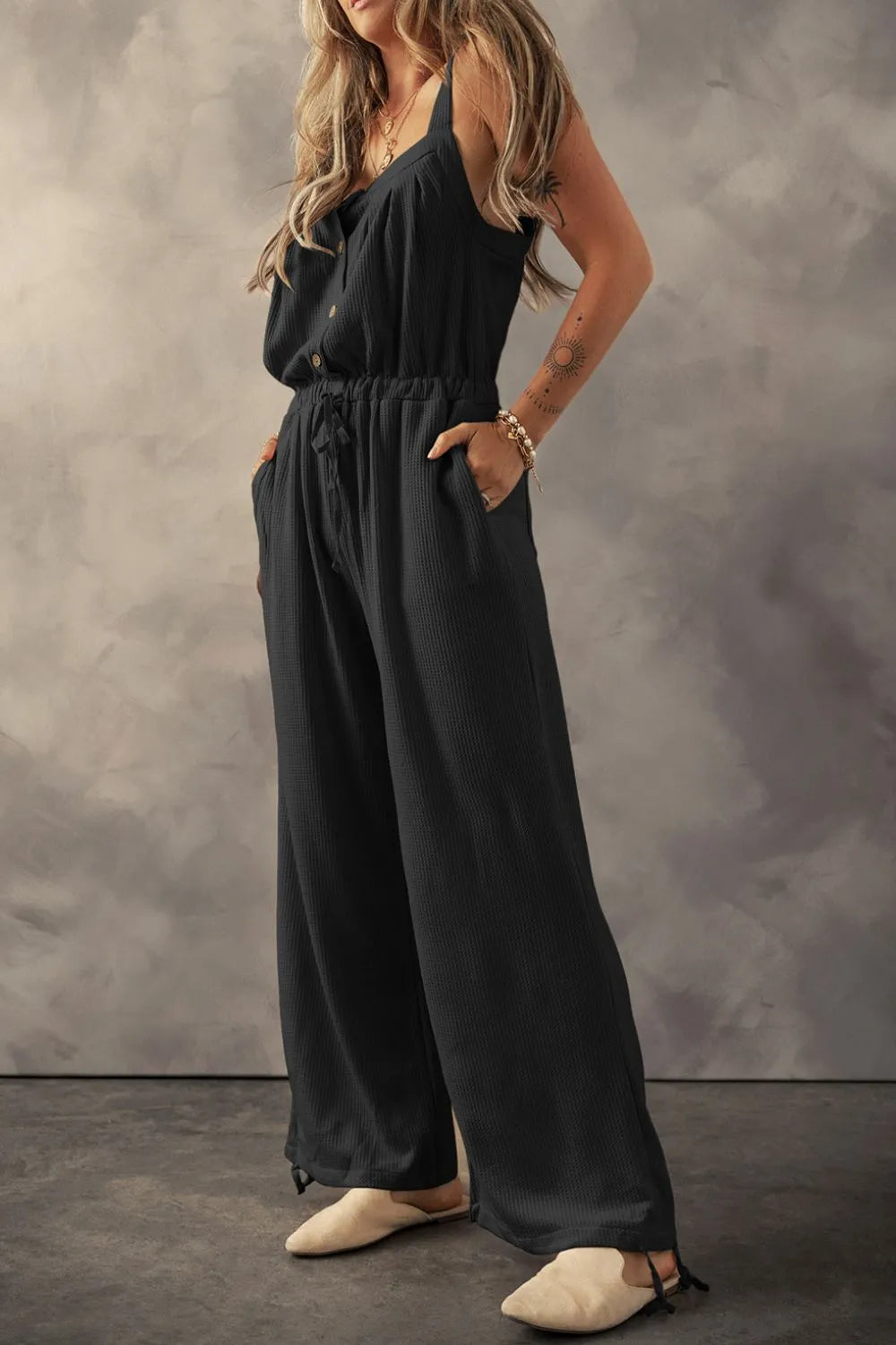 Knotted Straps Button Textured Drawstring Jumpsuit