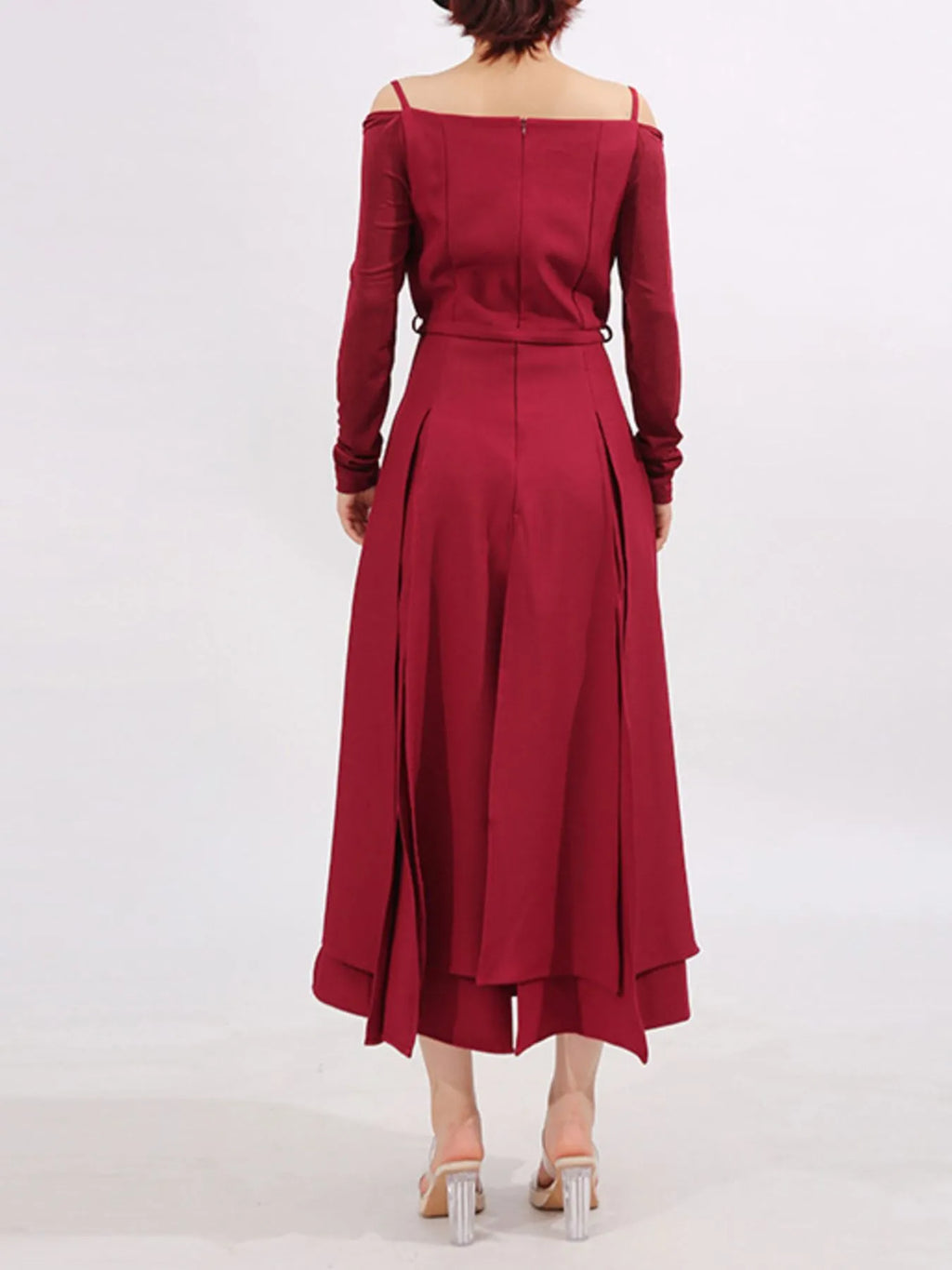 Ruched Slit Spaghetti Strap Long Sleeve Maxi Dress
