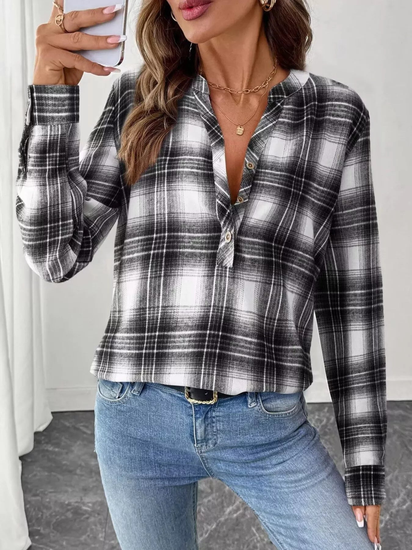 Classic Plaid Half Button Long Sleeve Blouse Black