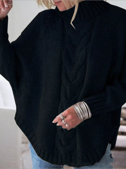 Full-Size Cable-Knit Long Sleeve Sweater (Plus Size) Black