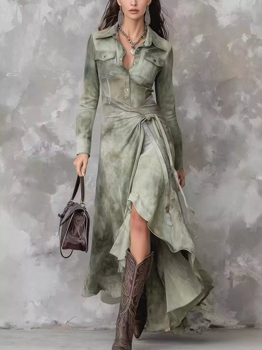 High-Low Ruffled Long Sleeve Tie-Waist Dress Matcha Green