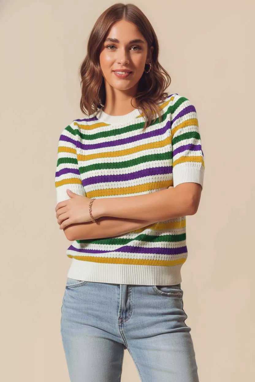 SO ME Mardi Gras Crew-Neck Striped Breathable Sweater