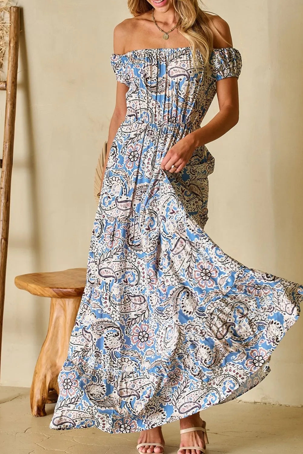 Boho Off-Shoulder Paisley Print Maxi Dress