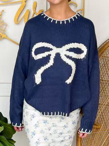 Bow Round Neck Long Sleeve Knit Sweater Navy