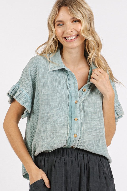 Mineral Washed Button-Down Flounce Sleeve Shirt