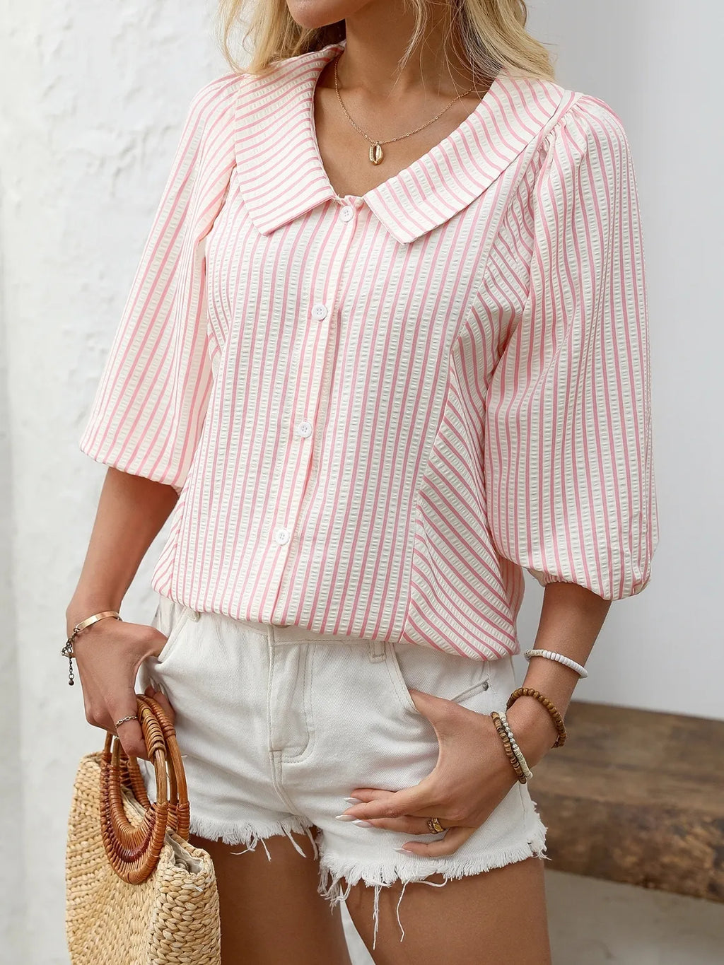 UrbanLine Striped Button Down Shirt - 3/4 Sleeve Style Blush Pink