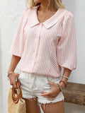 UrbanLine Striped Button Down Shirt - 3/4 Sleeve Style Blush Pink