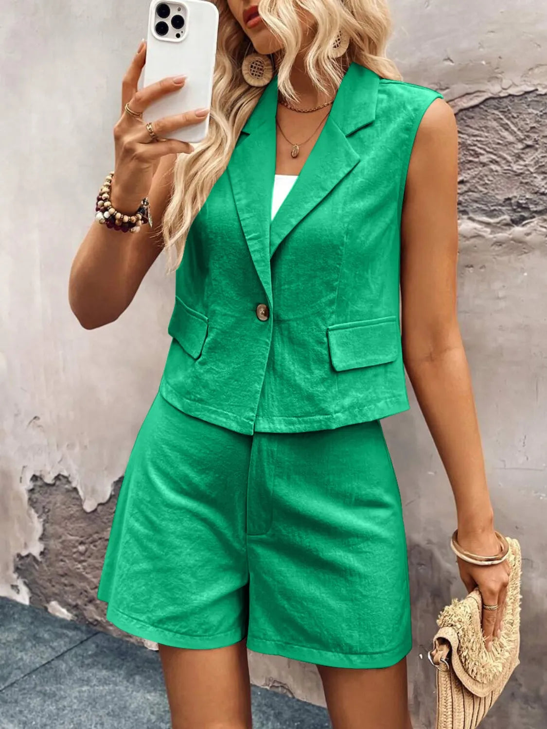 One-Button Sleeveless Cotton Top & Shorts Set