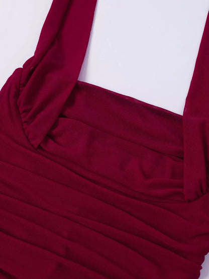 Halter Neck Ruched Mesh Slit Maxi Dress