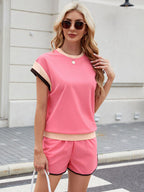 Contrast Round Neck Top and Shorts Set - Stylish & Comfortable