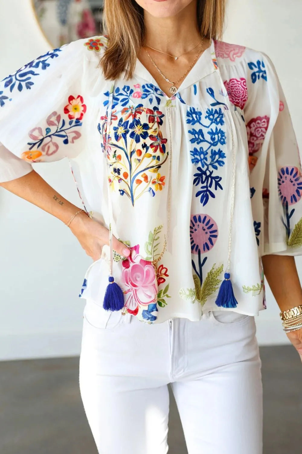 Boho Printed Tie Neck 3/4 Sleeve Blouse with Tassels White