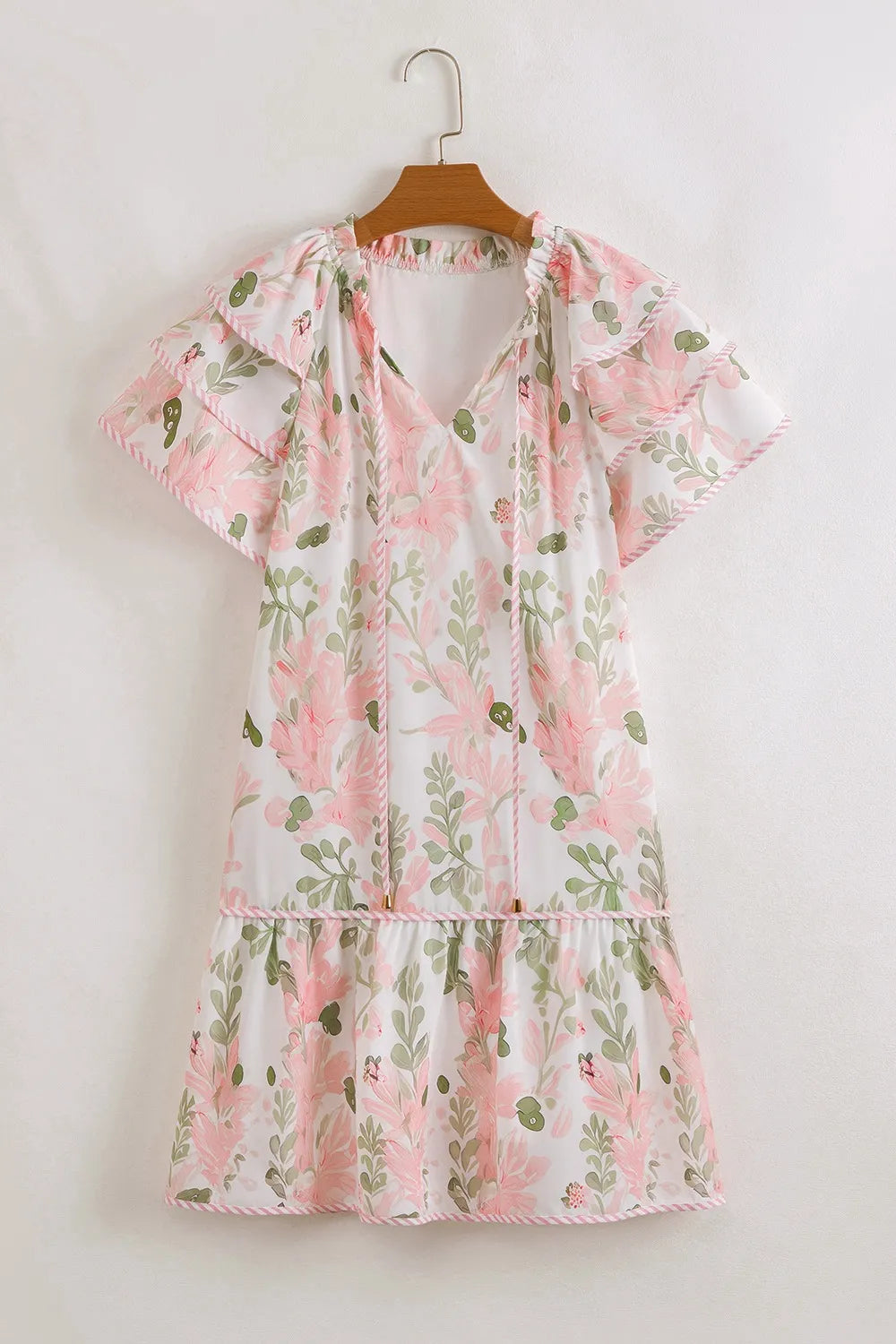 Floral Contrast Edge Mini Dress - Ruffled Short Sleeve Summer Look