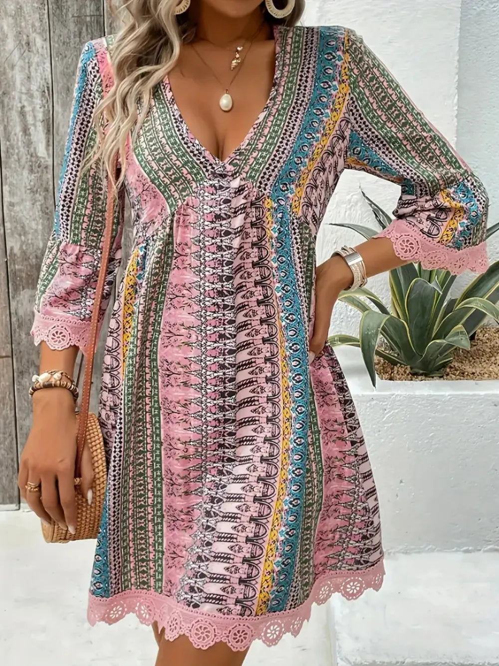 Printed V-Neck Dress with Lace Trim and 3/4 Sleeves Blush Pink