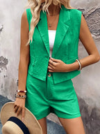 One-Button Sleeveless Cotton Top & Shorts Set