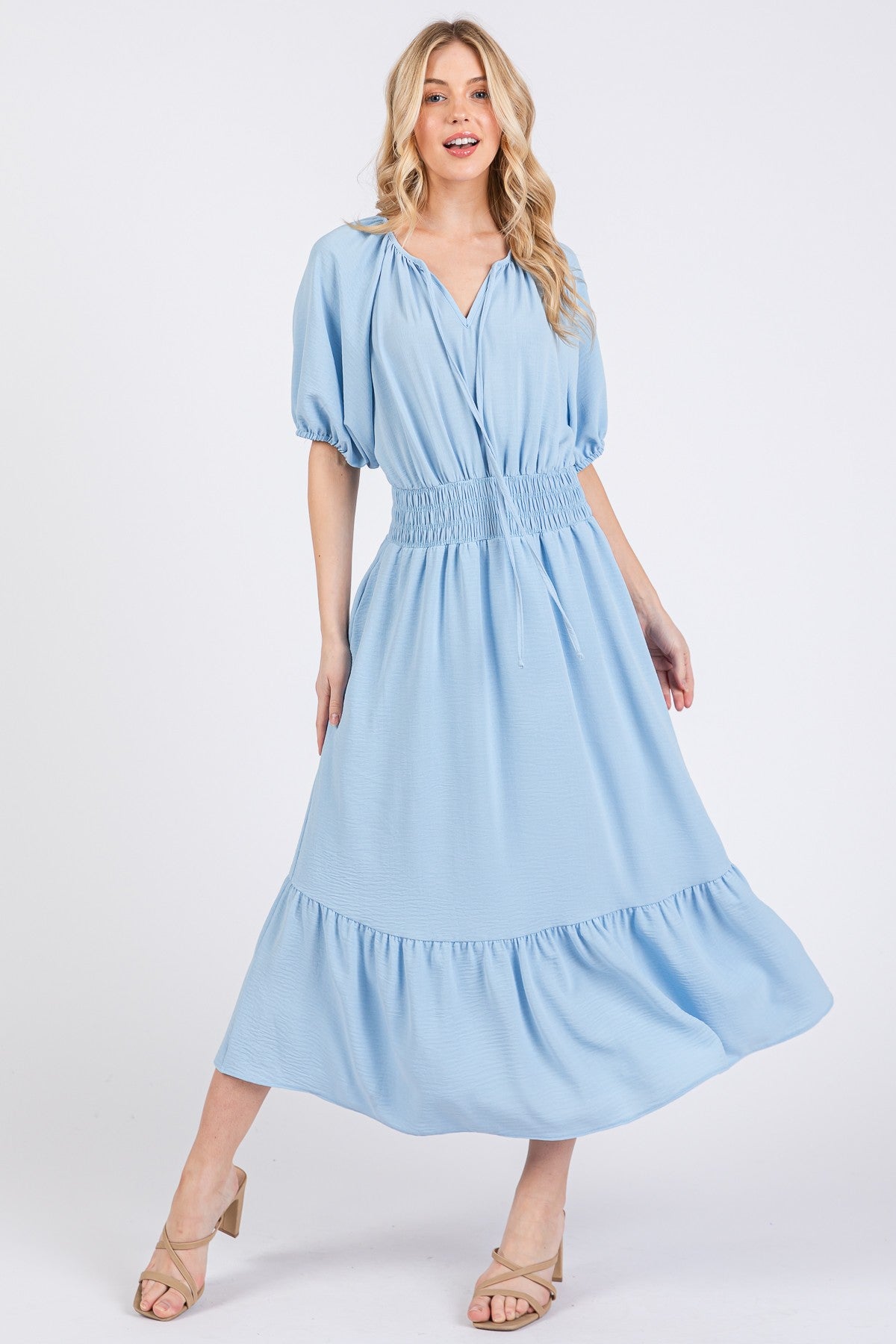 Ces Femme Smocked Waist Tie Neck Puff Sleeve Dress Blue