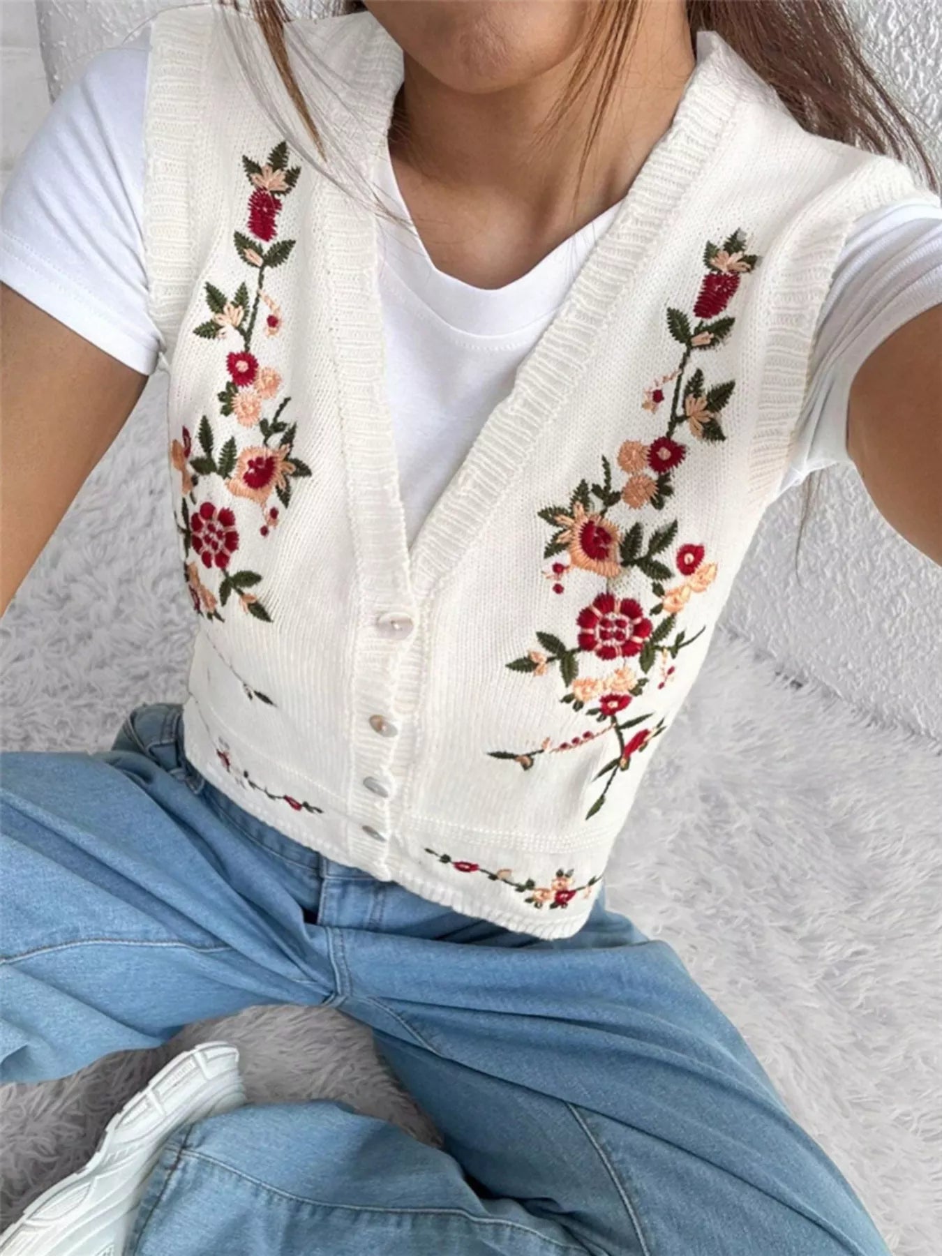 Chic Embroidered Button-Up Sweater Vest – Layer for Every Season