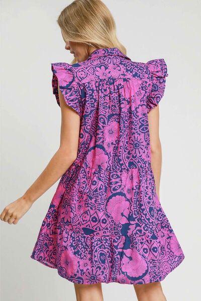 Umgee Full Size Printed Ruffle Cap Sleeve Babydoll Dress NAVY PINK