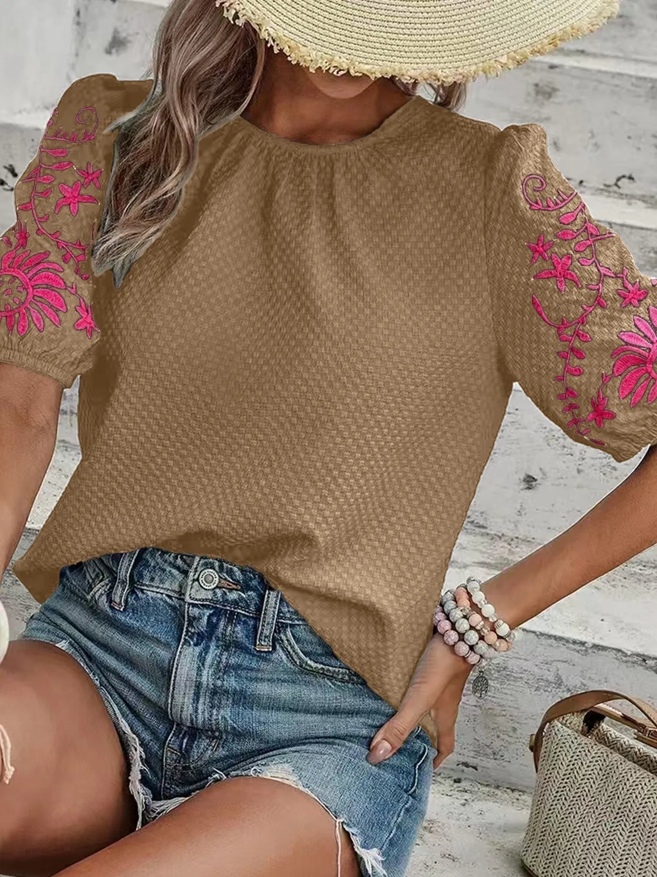 Textured Blouse with Embroidered Floral Sleeves Taupe