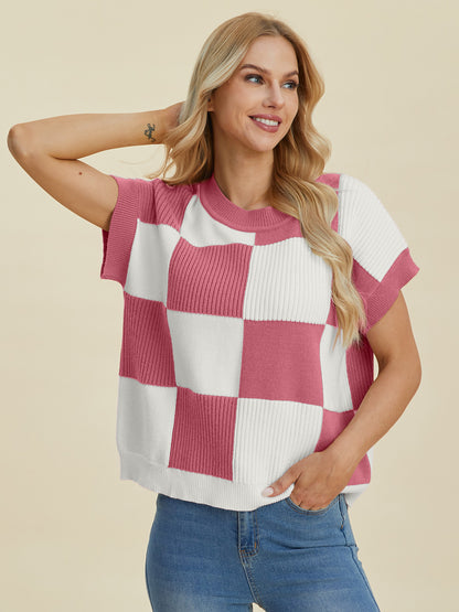 Double Take Checkered Round Neck Short Sleeve Sweater