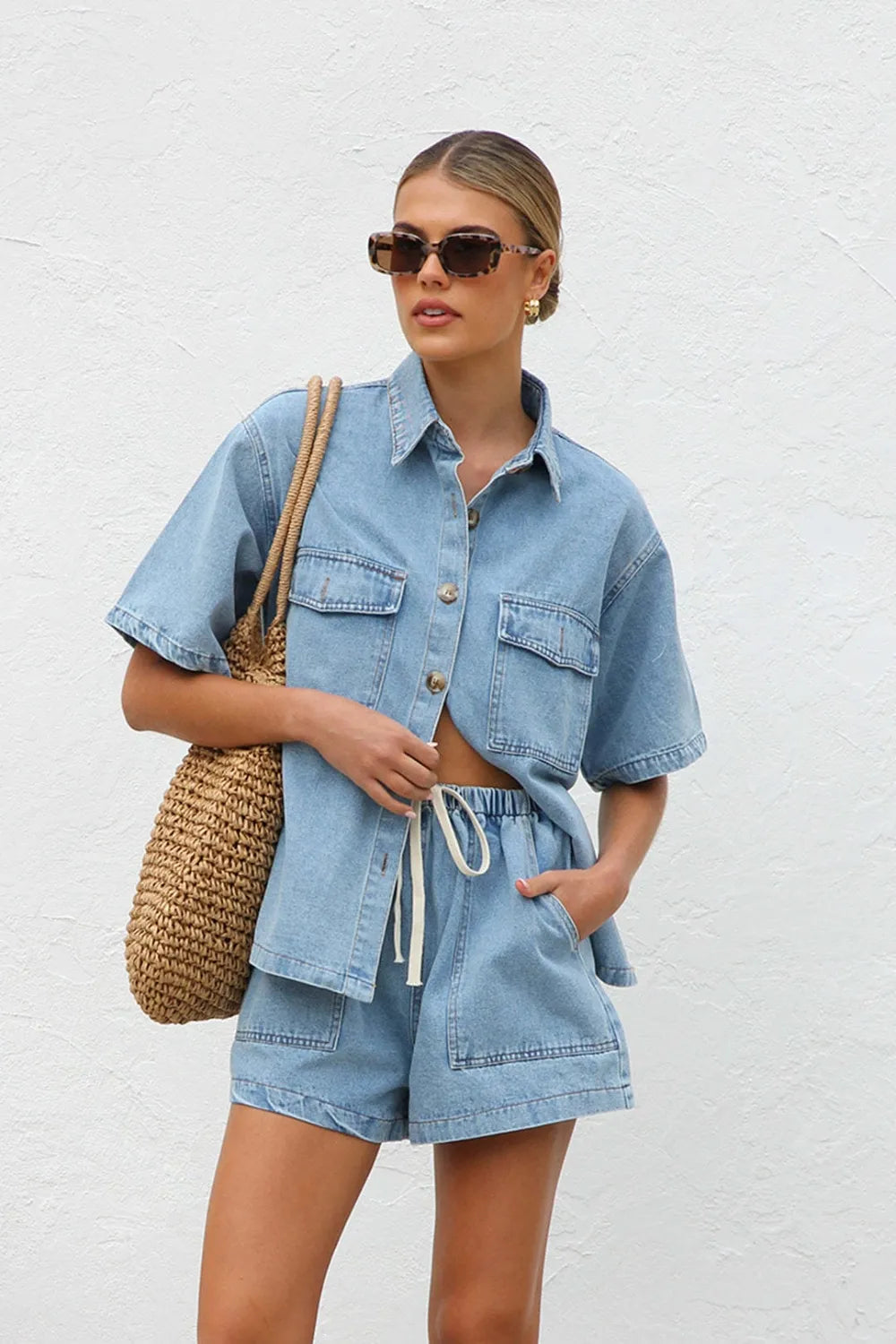 Collared Button-Up Denim Top and Shorts Set – Two-Piece Casual Outfit Light Blue