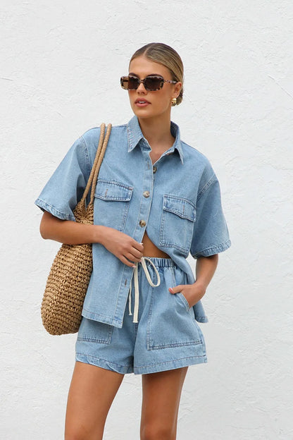 Collared Button-Up Denim Top and Shorts Set – Two-Piece Casual Outfit Light Blue
