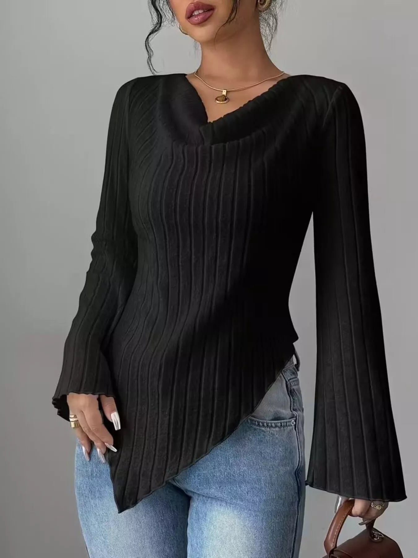 Asymmetrical Cowl-Neck Ribbed Knit Top