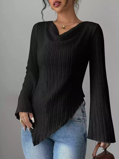 Asymmetrical Cowl-Neck Ribbed Knit Top