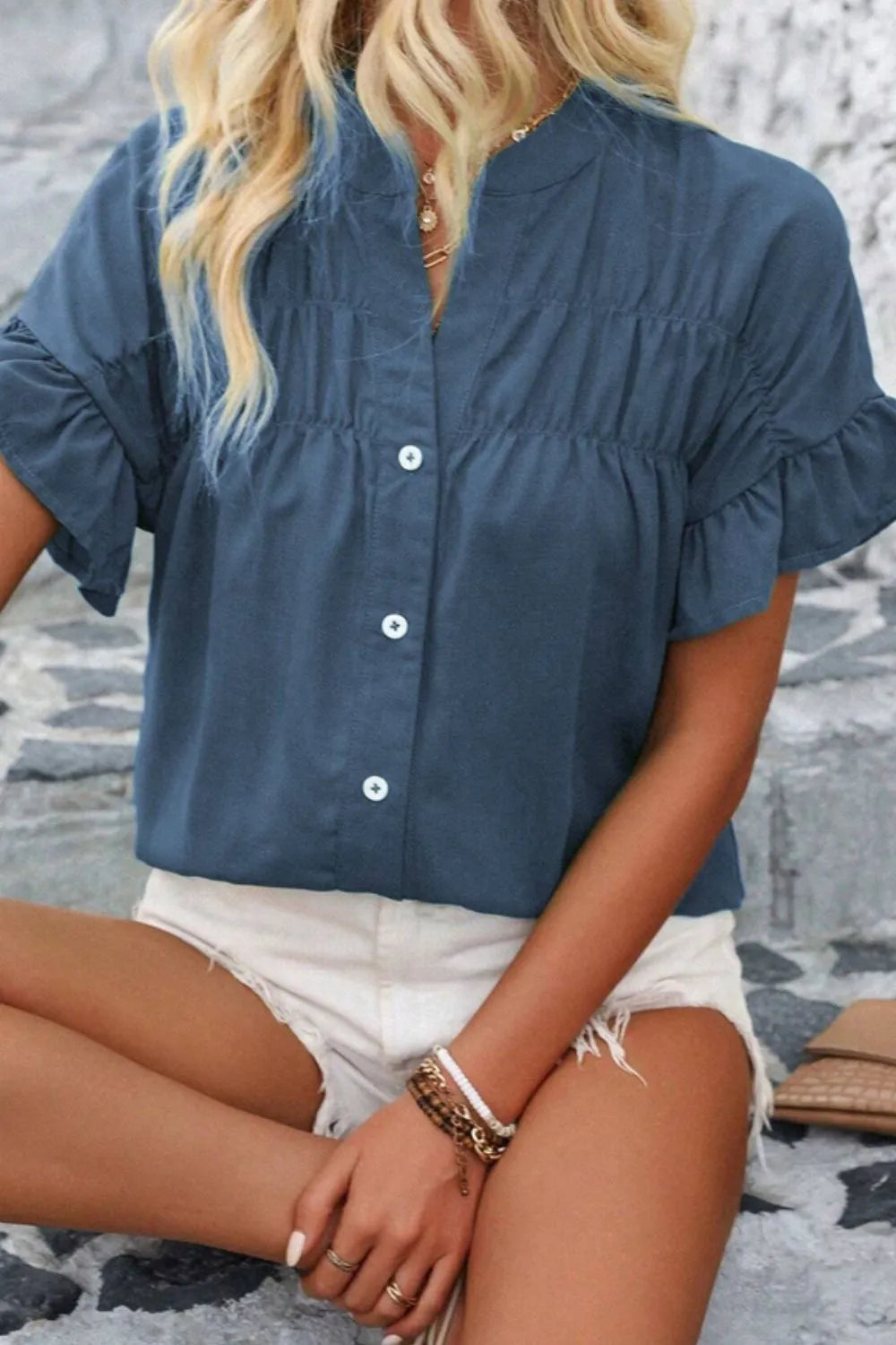 Ruffled Ruched Button Shirt - Feminine Flair